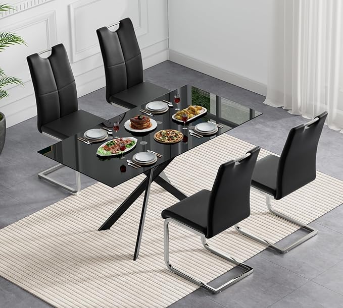 51.18" Glass Dining Table for 4-6, Dining Room Table with Black Tempered Glass and Black Metal Legs, Modern Rectangular Kitchen and Dining Room Dinner Table for Kitchen