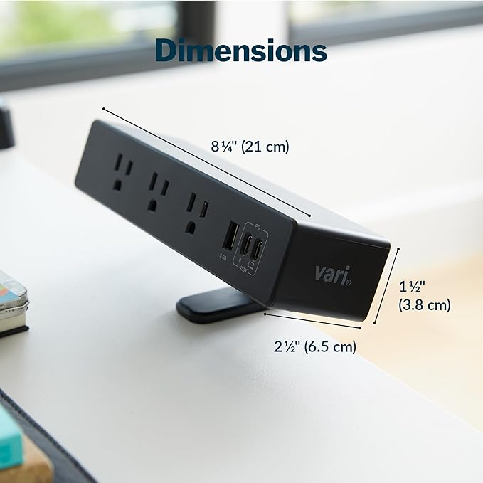 Vari Power Hub 4th Gen – Desk Mount Charging Station with 5 AC Outlets, 2 USB-C Ports, and 1 USB-A Port – Fast 45W Power Delivery, 12’ Cord, Clamp-On Design for Easy Install