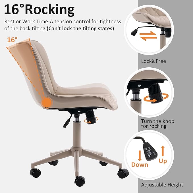 YOUTASTE All Cream Office Chair, Modern Armless Desk Chair with Back, Adjustable Swivel Rolling Faux Leather Task Chair with Wheels Metal Base for Home Office, Study, or Vanity