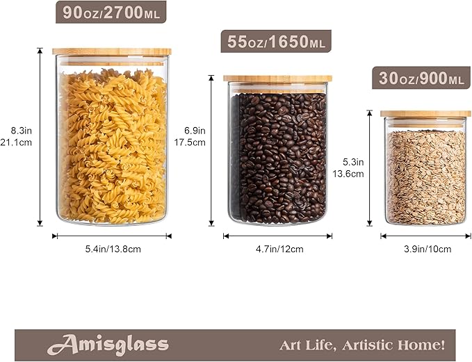 Amisglass Glass Storage Containers with Wooden Lids, Airtight Canister for Kitchen Countertop Set of 3,Large Flour and Sugar Containers for Candy, Cookie, Rice, Coffee Beans, Snacks, Spices