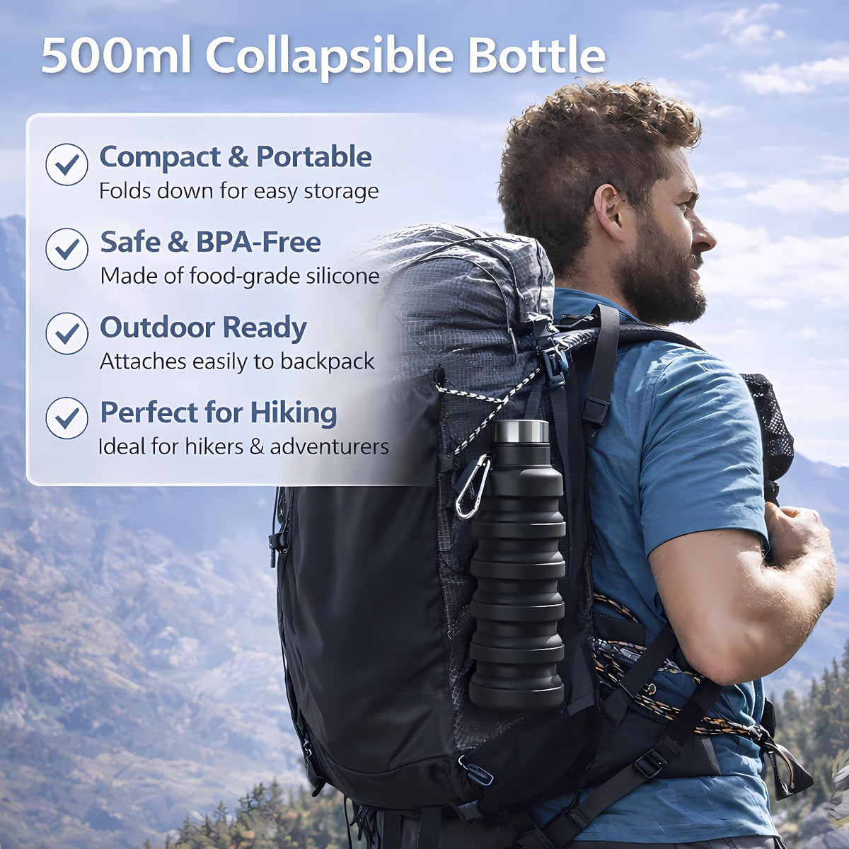 Tundoro Collapsible Water Bottles,Silicone Water Bottle,16oz Capacity Portable Reusable,Leak-proof,with buckle,foldable storage,Lightweight Durable for Fitness,Cycling,Sports,Camping,Hiking (Grey)