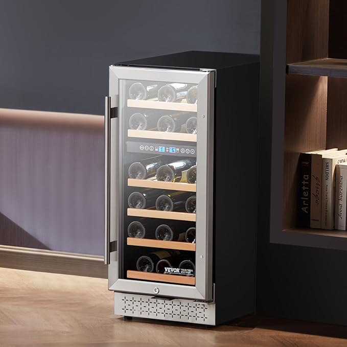 VEVOR Wine Cooler, 28 Bottle Dual Zone Wine Fridge, Mini Wine Cooler Refrigerator with Glass Door, Adjustable Shelves, Digital Temperature Control, Built-in & Freestanding Fridge for Home Office Bar