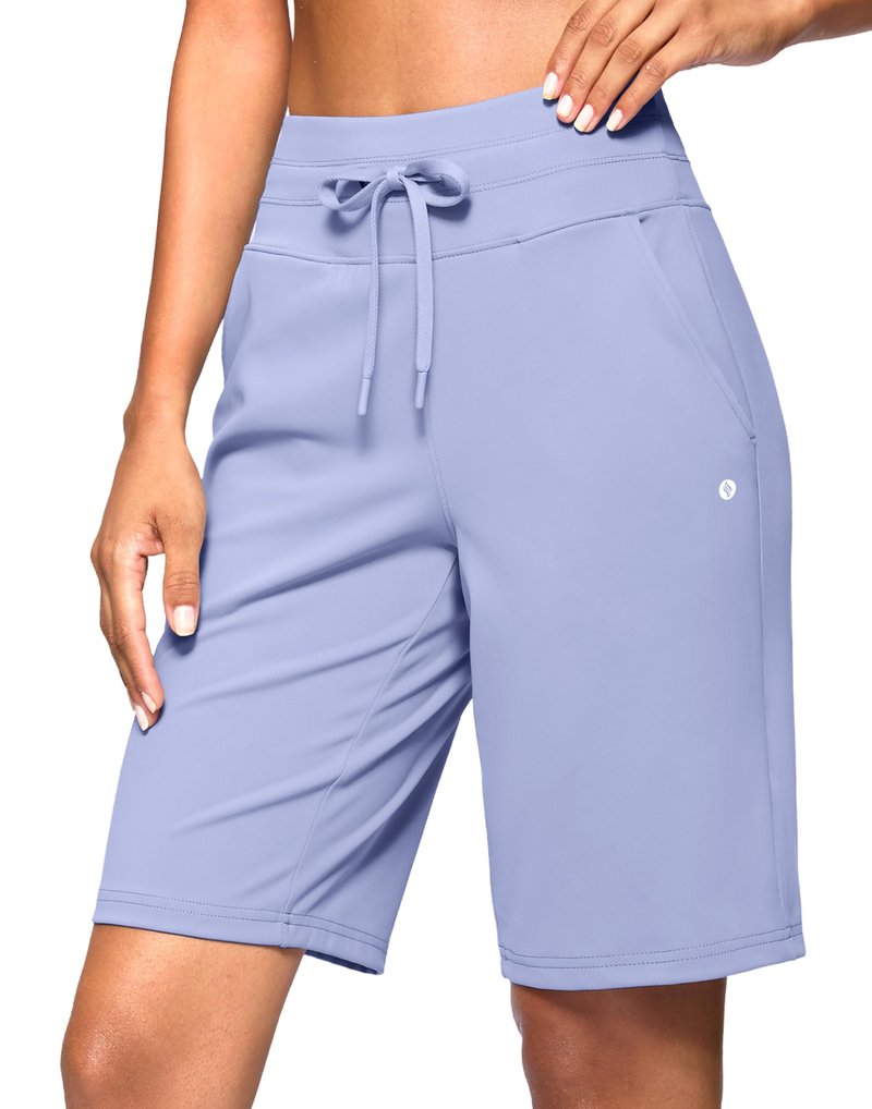 SANTINY Women's Bermuda Long Shorts with Pockets Drawstring High Waisted Athletic Knee Length Shorts for Women Walking Casual Workout (Lavender_L)