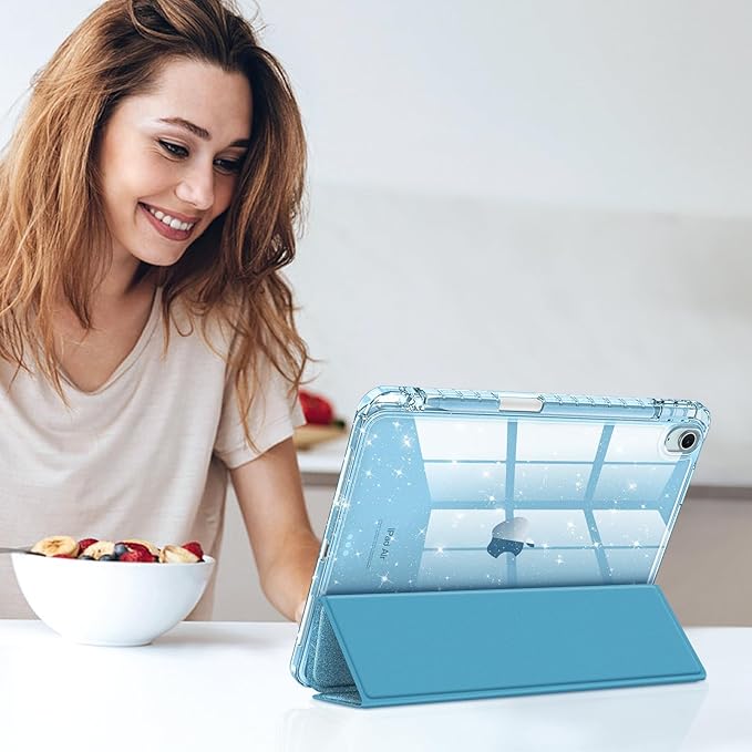 Fintie Slim Case with Pencil Holder for iPad Air 11-inch M4/M3/M2 (2026/2025/2024), iPad Air 5th (2022) / 4th Generation 10.9 Inch - Glittering Sparkly Cover with Shiny Clear Back Shell, Blue