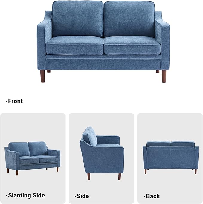 Kingfun 56" Chenille Sofa, Loveseat Couch, Mid Century Modern Love Seat Couches with Solid Wood Frame for Living Room & Bedroom, Light Blue