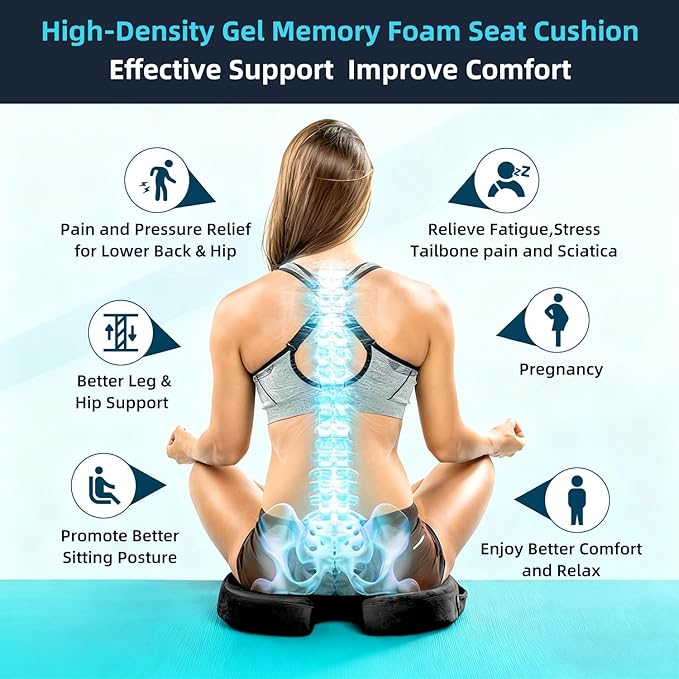 Gel Memory Foam Office Chair Seat Cushion,Breathable Seat Cushion for Long Sitting - Back,Sciatica,Coccyx,Tailbone Pain Relief Pillow Hip Butt Pad- for Office Home Chair, Car Seat,Wheelchair (Black)