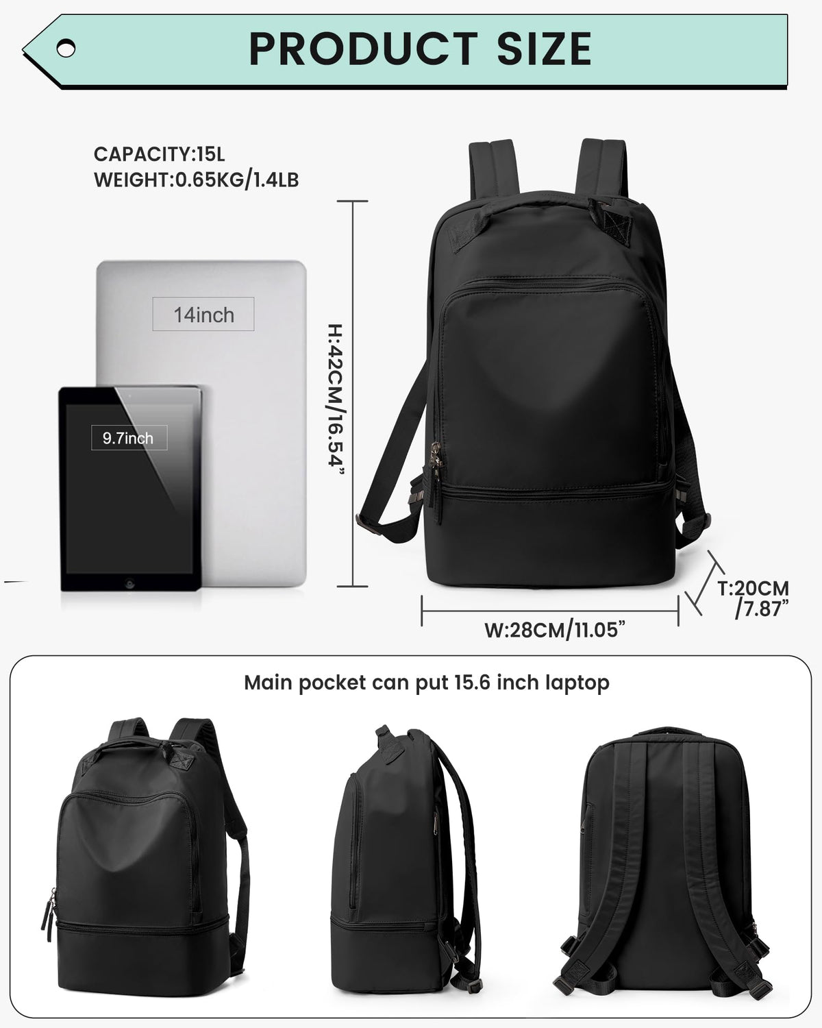 VENATIN Gym Backpack for Women, Gym Bag with Shoe Compartment, Water Resistant Lightweight Sports Yoga Travel Backpack with Wet Pocket,Cheer Backpack,Black