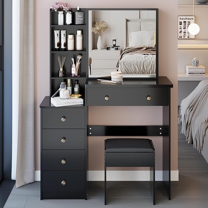 37" Vanity Desk with Mirror, Makeup Table with Sliding Mirror, Dressing Table with Multi Layer High Capacity Storage, Vanity Set with Drawers and Stool for Bedroom, Black