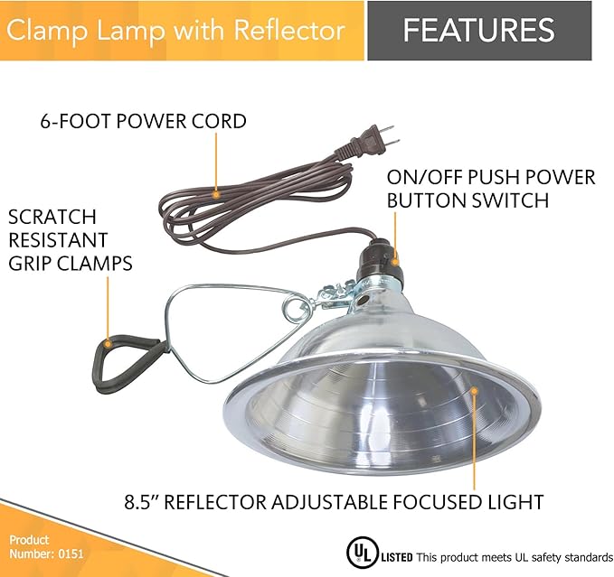 Woods Clamp Lamp Light with Aluminum Reflector; 150W; UL Listed; 6- Foot Cord,(Pack of 12)