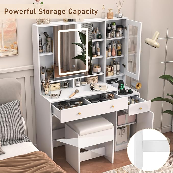 43 "White Makeup Vanity Desk w/Lights & Sliding Mirror,Adjustable LED Lighting, Vanity Table Set w/Stool,Power Outlet,Storage Drawers Shelves Cabinet,Vanity Set with Cushioned Stool for Girls Women