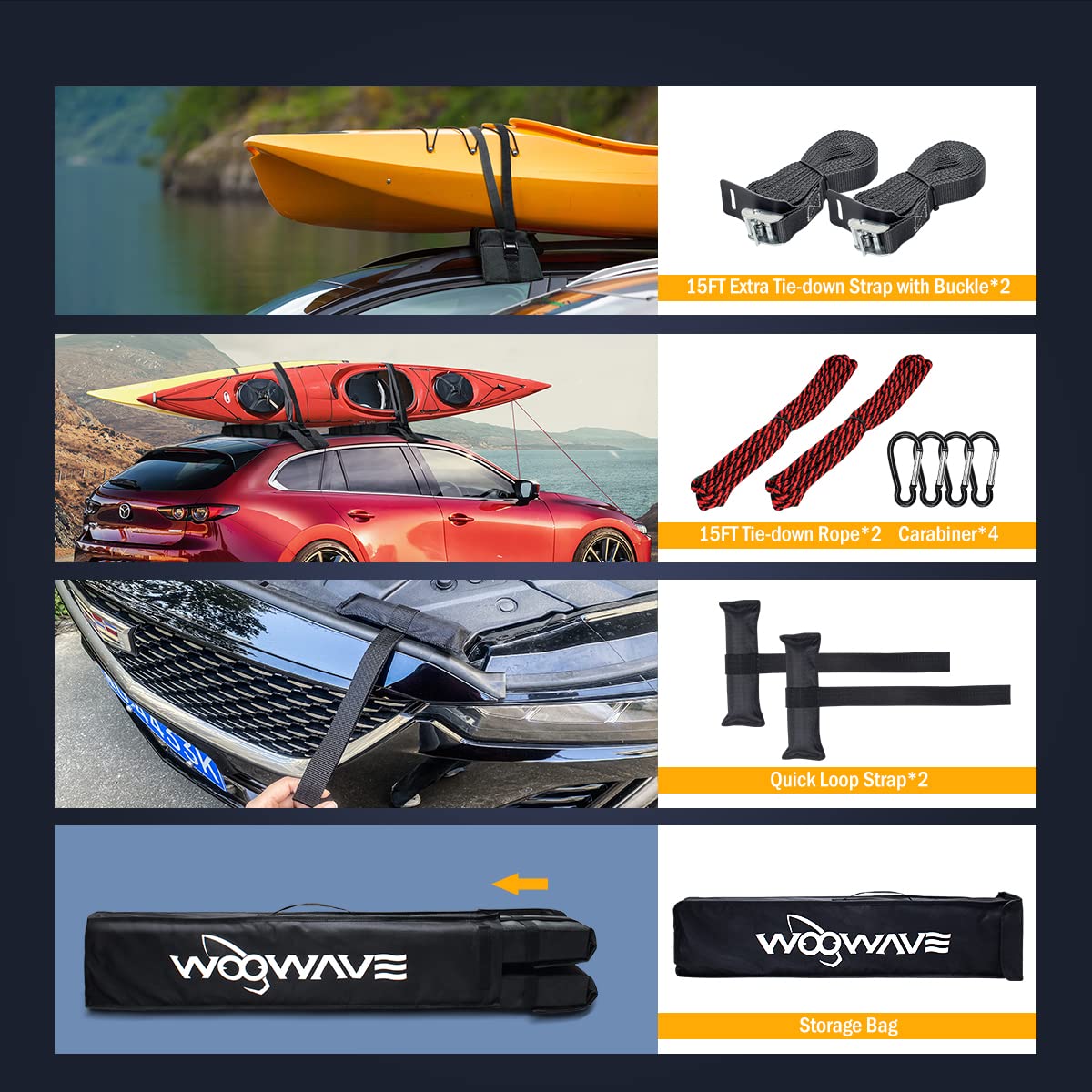 WOOWAVE Premium Kayak Roof Rack Pads Universal Soft Car Roof Rack Carrier for Canoe/Surfboard/Paddleboard/SUP/Snowboard with 6 Tie Down Straps, 2 Tie Down Rope, 2 Quick Loop Strap and Storage Bag