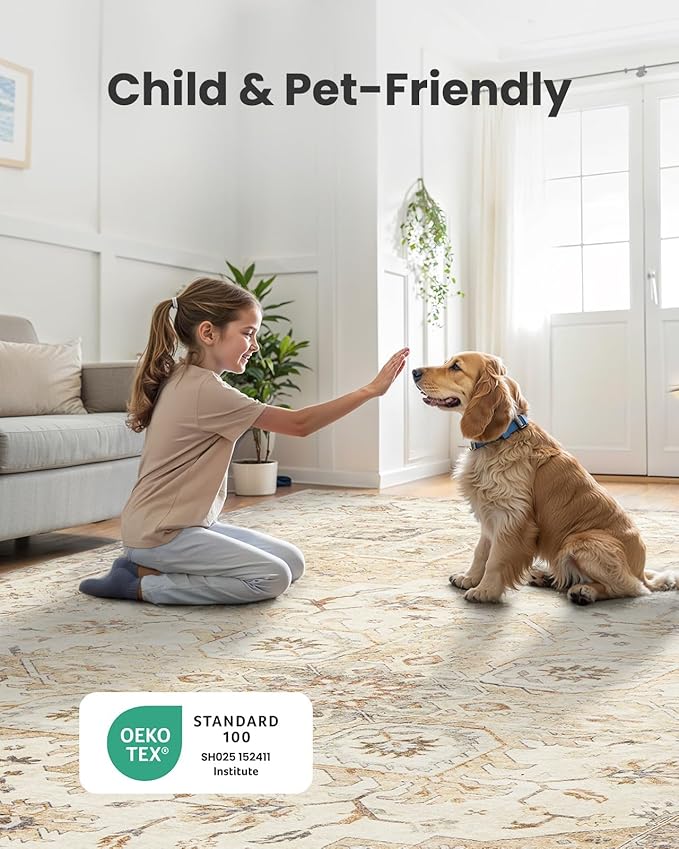 AMADA HOMEFURNISHING 4ft Round Area Rug, Low-Profile Washable 4x4 Rugs with Non-Slip Backing & Durable Edge Binding, Vintage Rug for Kitchen, Bedroom & Hallway, Beige