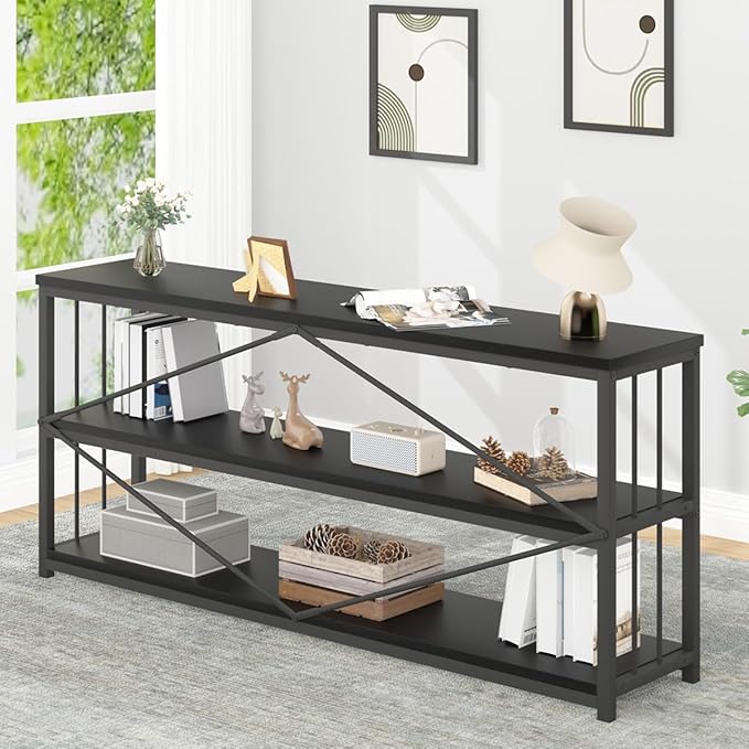 IBF 63" Black Low Horizontal Bookcase, Modern Long Wood Metal 3 Tier Book Shelf, Farmhouse Vintage Big Open Sturdy Bookshelf, Simple Large Wide Etagere for Home Living Room Office Bedroom, Black Oak