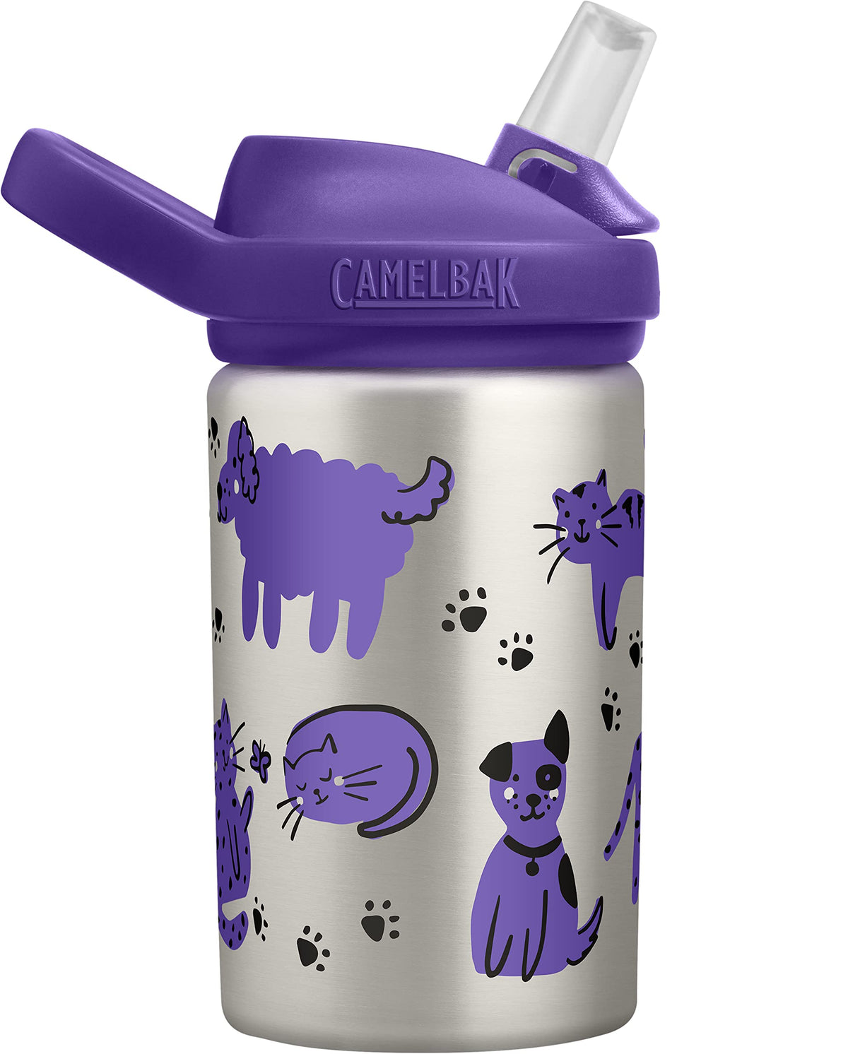 CamelBak Eddy+ Kids Bite Valve Straw Insulated Stainless Steel Water Bottle Cats & Dogs, 14oz