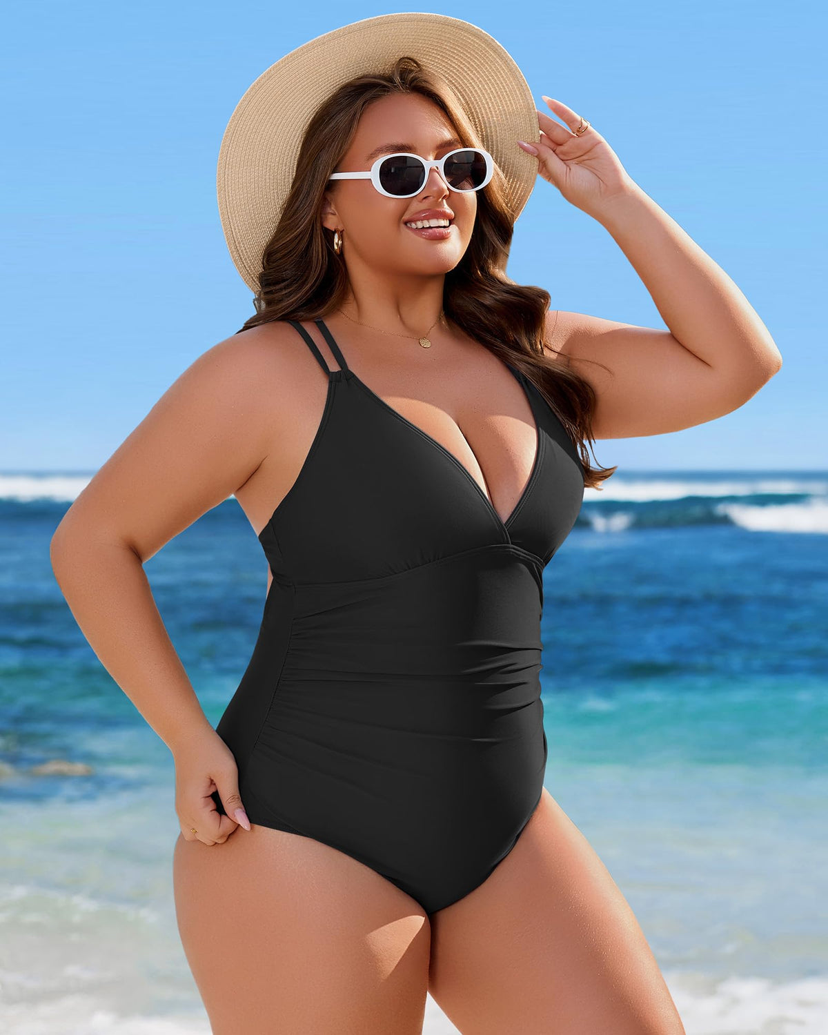 Charmo Tummy Control One Piece Swimsuits for Women Ruched Bathing Suits Criss Cross Strappy Monokini Black Large