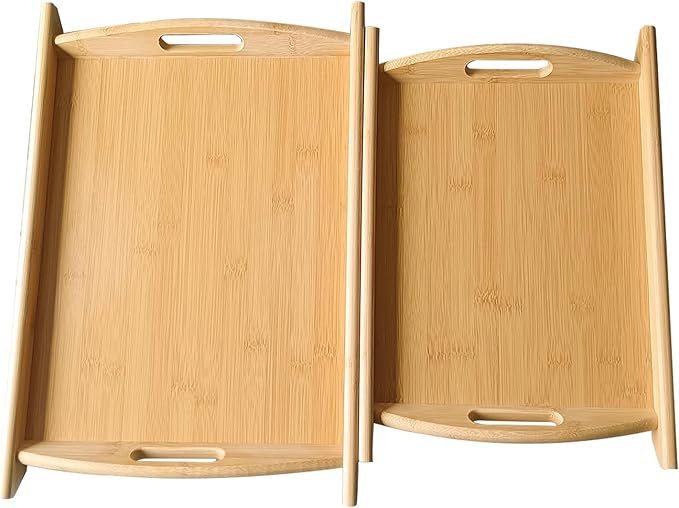 Bamboo Serving Tray Rectangle Platter Breakfast Dinner Food Bed Tray for Eating Kitchen Restaurants (1, 15" x 10.2" x 1.2" (with Handle))