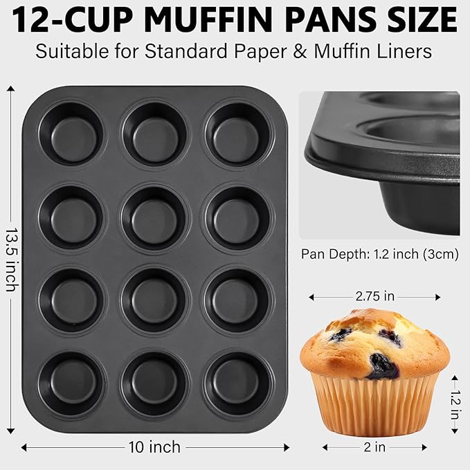 ATZNZIK 4 Pack Muffin Pan for Baking, Standard Cupcake Pan with 200 Natural Cupcake Liners, Muffin Tin Nonstick 12 Cup, Carbon Steel Muffin Cupcake Tary Baking Supplies
