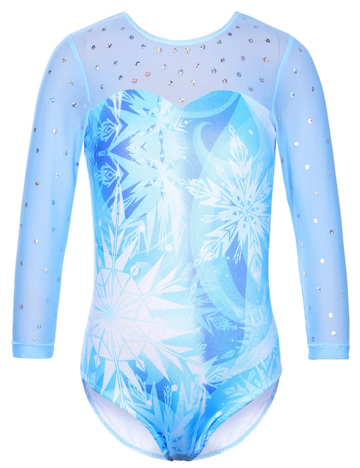 TFJH E Girls Gymnastics Leotard 3/4 Sleeve Sequin Snowflake Blue Size 7-8Y
