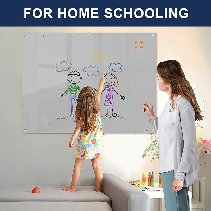 TSJ OFFICE Glass Dry-Erase Board - 48 x 36 Inches Wall Mounted Magnetic Whiteboard, Large Frameless Glass White Board for Office, Home & School, Gray