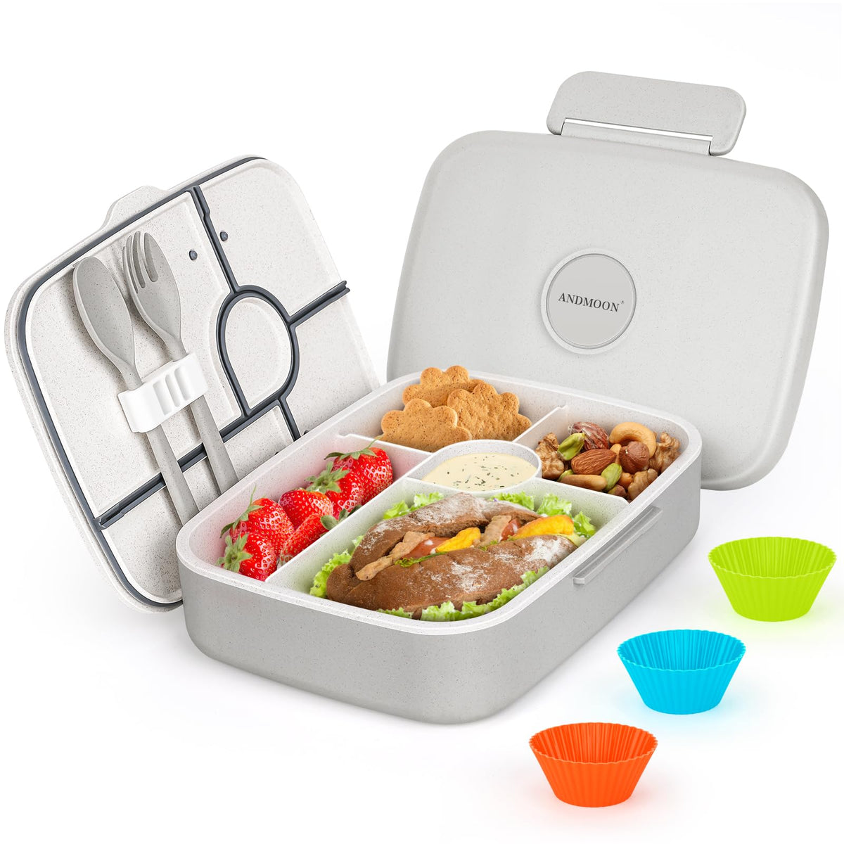 ANDMOON Bento Lunch Box with Kids/Adults, 5 Compartments Leakproof Lunch Container with Dressing Cup, Eco-Friendly Double Insulated Boxes, Dishwasher and Microwave Safe, BPA-Free (green)