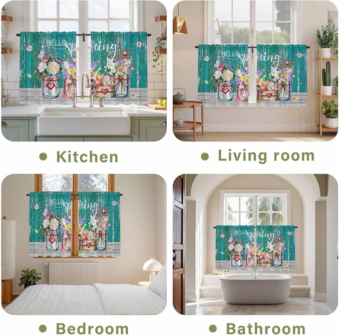 Spring Flowers Kitchen Curtains, Farmhouse Watercolor Teal Wood Grain Light