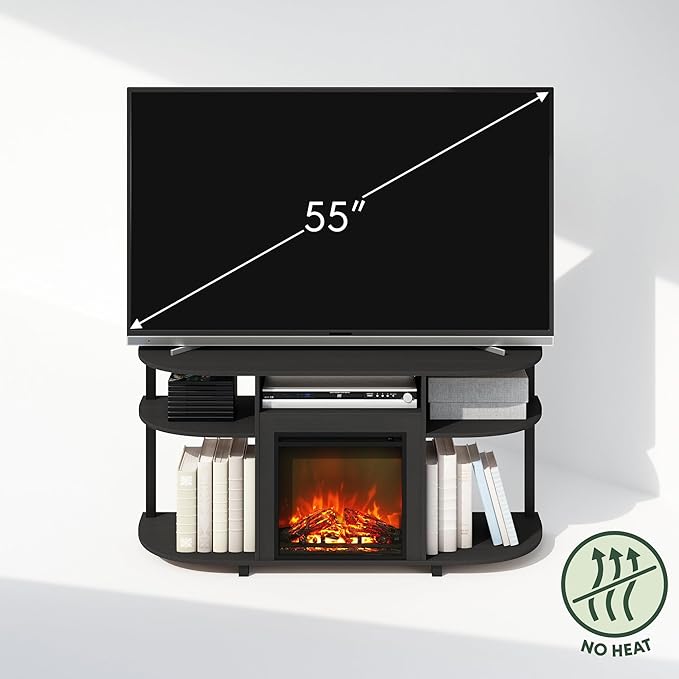 Furinno Jensen Fireplace TV Stand, NO Heat Decorative Electric Fireplace TV Stand for TV up to 55 Inch, with Curved Open Storage, for Living Room, Americano