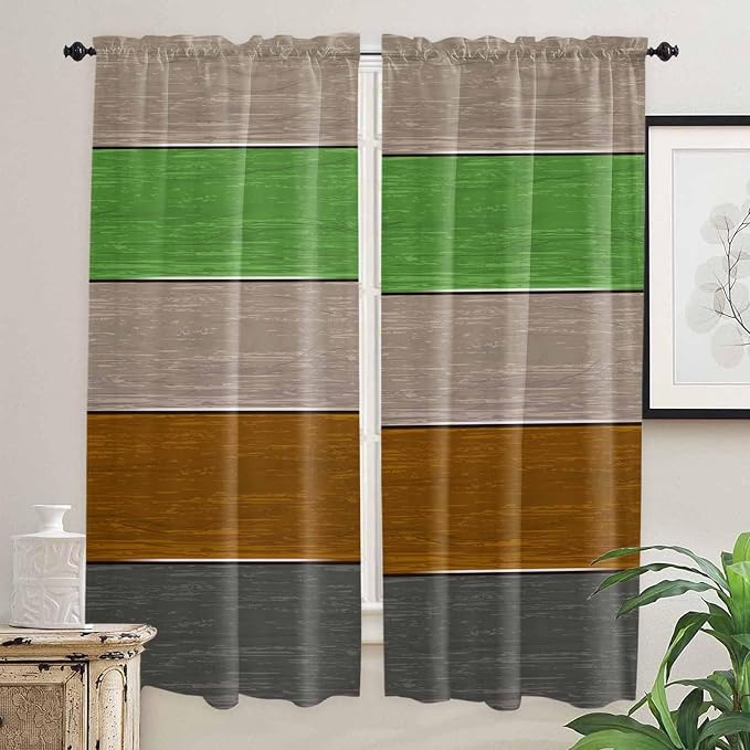 Farm Gray Green Brown Wood Grain Window Valance Curtains, Rustic Wooden Plank