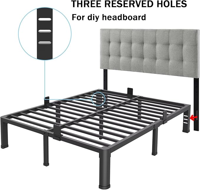 FUIOBYVV 18 Inch Queen Bed Frame with Rounded Corner and Headboard Hole Mattress Retainers 3500 LBS Metal Heavy Duty Steel Slats Support No Box Spring Needed Platform Noise Free Easy Assembly