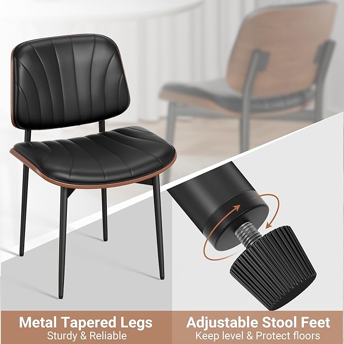 Dining Chairs Set of 6, Mid-Century Modern Upholstered PU Leather Chairs with Walnut Bentwood Back and Metal Legs Adjustable Feet for Kitchen Dining Room, Black Shell Strips