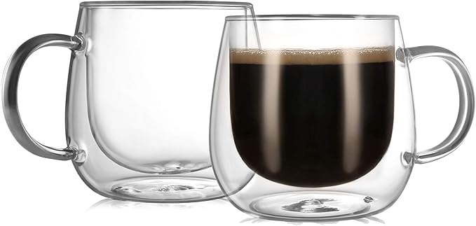 CNGLASS 12oz Double Walled Glass Coffee Mugs(2-pack),Clear Coffee Cups with Handle,Glass Espresso Mugs for Latte,Cappuccino,Tea