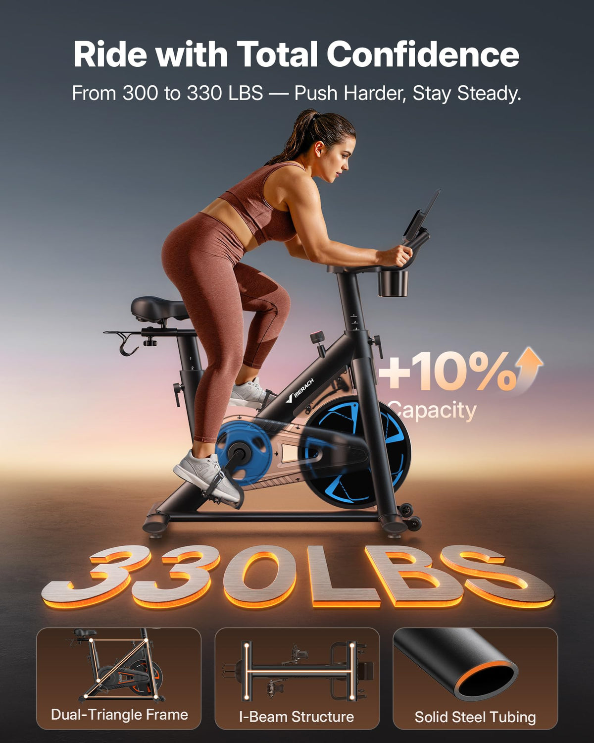 Merach Magnetic Exercise Bike, Low Noise Stationary Bike for Home with Comfortable Seat Cushion, Spinning Bike with 330 lb Weight Capacity, Exclusive App, Tablet Mount and Fitness Courses