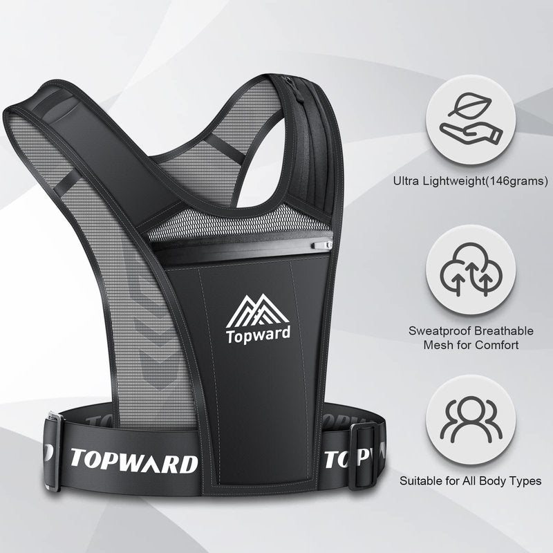 Topward Running Vest Phone Holder for Men Women, Waterproof Cell Phone & Key Pouch, Reflective Hydration Vest Train Free Workout Gear - Lightweight, Breathable Mesh Pockets - Adjustable Waistband