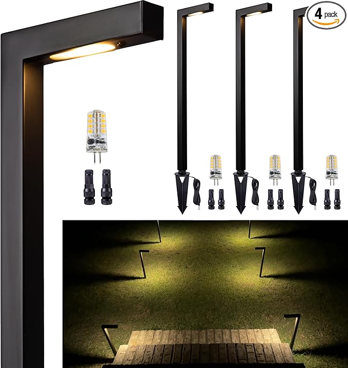 Brass Black Low Voltage Path Lights, Waterproof Landscape Pathway Light, 12V LED Outdoor Bronze L Shape Walkway Lamp for Driveway Sideway Garden with 3W 270LM 5000K G4 Bulb 4 Pack