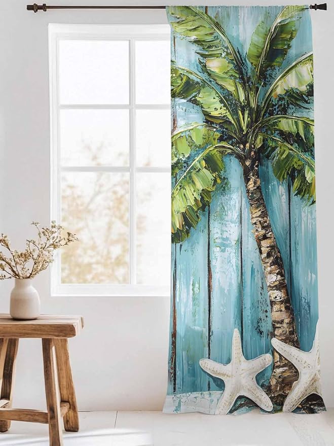 Sheer Curtains 96 Inches Long, Coastal Beach Starfish Semi Sheer Curtains Light