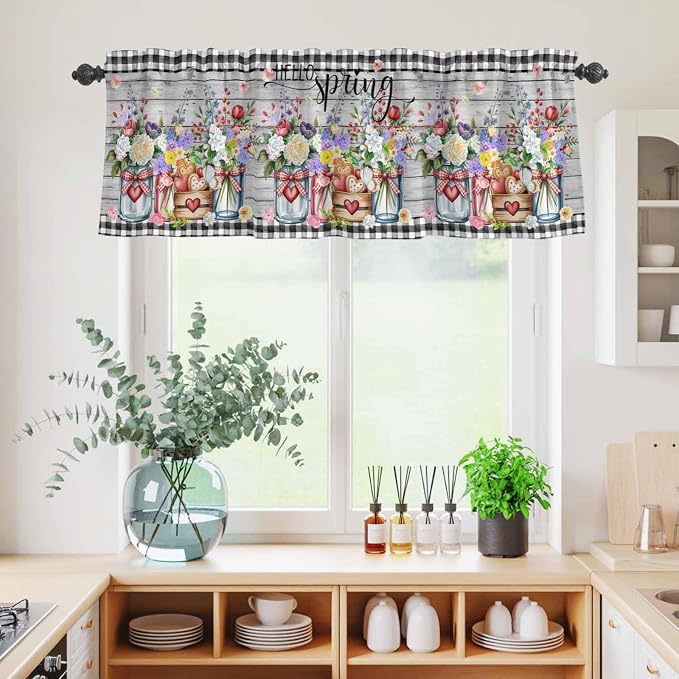 Kitchen Curtains Tiers and Valance Set of 3, Spring Flowers Light Filtering