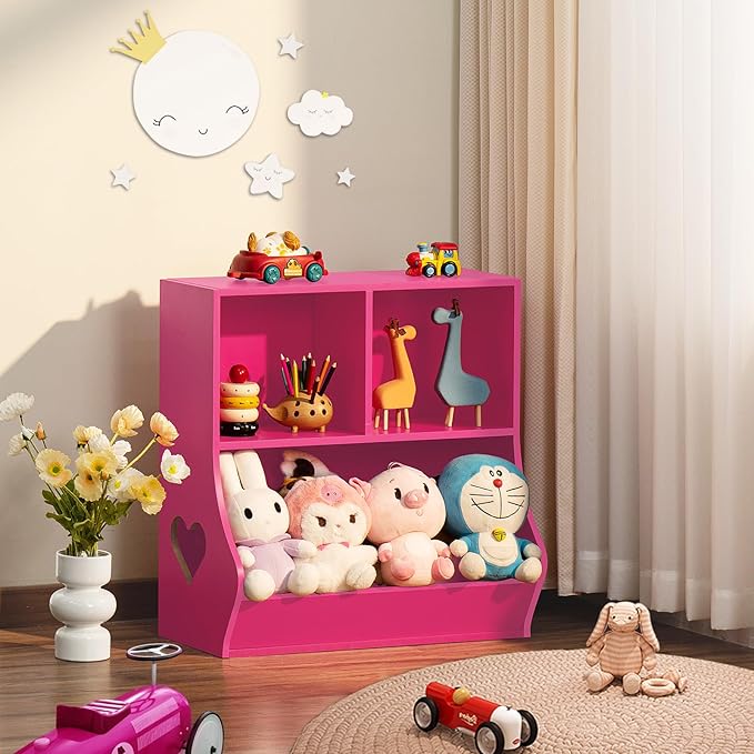 Lerliuo Baby Toddler Bookshelf and Storage Organizer, Kids Cabinet and Bookcase, Wooden 3 Cubby Children Book Shelf for Playroom, Bedroom, Nursery, School 23.62'' H (Pink)