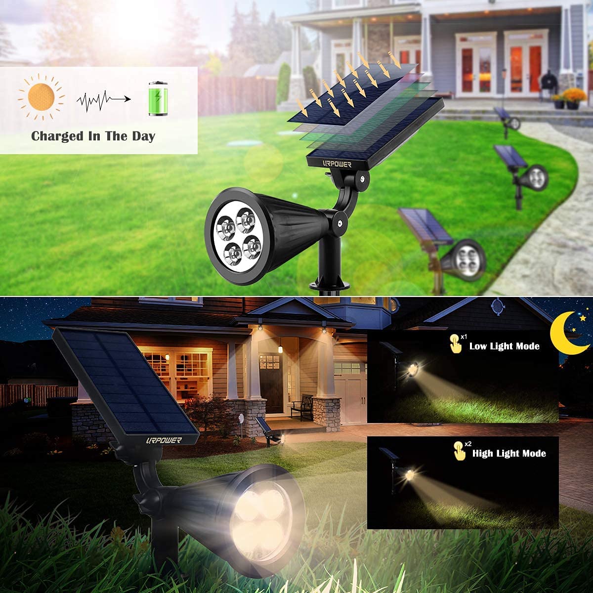 URPOWER Solar Lights Outdoor, 2-in-1 Solar Spot Lights Waterproof with 2 Lighting Modes, Adjustable Solar Powered Spotlights Auto On/Off Landscape Lights for Yard Garden Pathway, 4 Pack (Warm White)