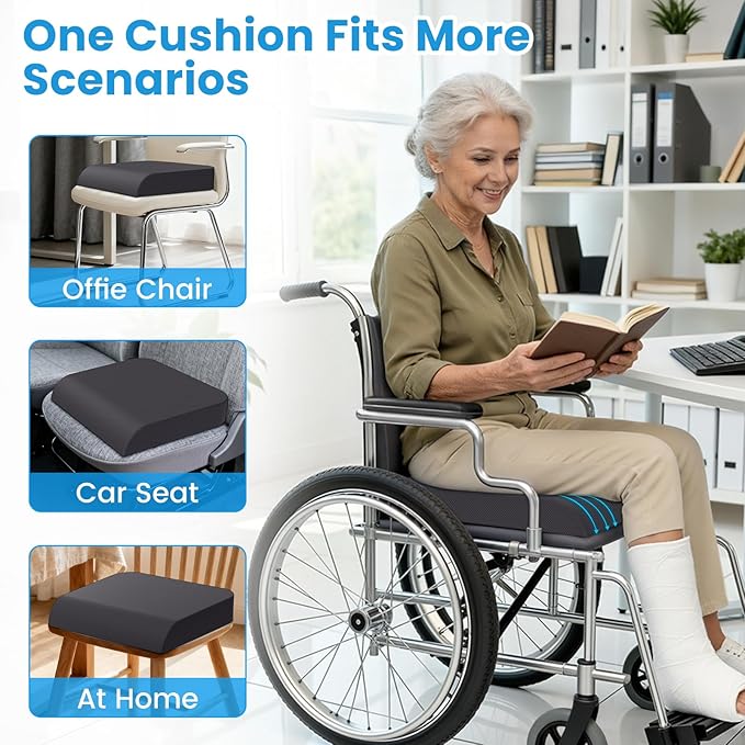 Wheelchair Seat Cushion - Cooling Gel & Memory Foam Office Chair Cushion with Non-Slip Bottom & Washable Cover, Ergonomic Car Seat Pillow for Sciatica, Tailbone, Back Comfort (Grey)
