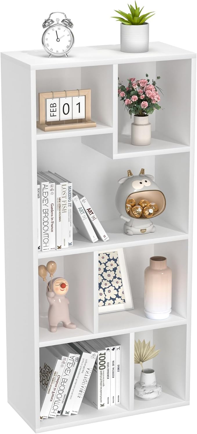 VECELO 42" Modern White Bookshelf, 7 Cube Organizer Bookcase,Fits Tallest Hardcovers, Horizontal Available,Floor Standing Display,Easy Assembly,White