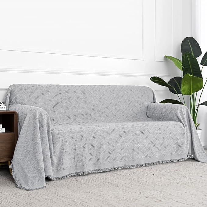 MYSKY HOME Light Grey Geometrical Sofa Covers, Sectional Couch Covers for 2 Cushion Couch Couch Cover Living Room Sofa Throws Sofa Slipcovers for Pets, Kids (Large, 71" x 102", Light Grey)