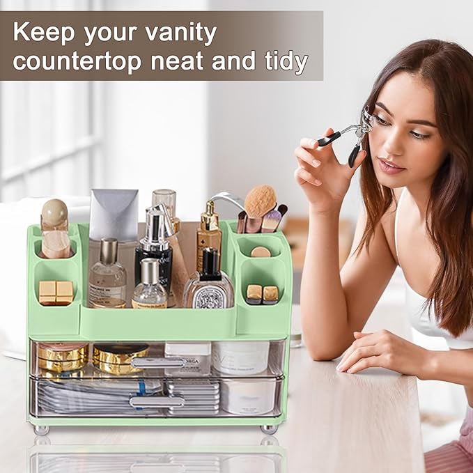 DASITON Large Capacity Makeup Organizer for Vanity with 2 Drawers, Skincare Organizers with Makeup Brush Holder, Cosmetic Display Case for Dresser Vanity Bathroom Countertop (Green)