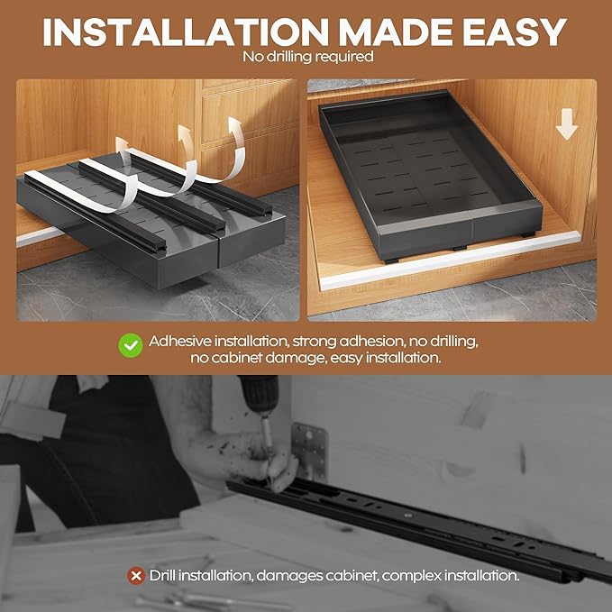 4 Pack Expandable Width (9"-14.1") Pull Out Cabinet Organizer 21" Deep with Raising Pad for Framed Cabinets, Upgrade 3 Slide Rails Slide Out Drawers, Roll Out Shelves Adhesive, Black