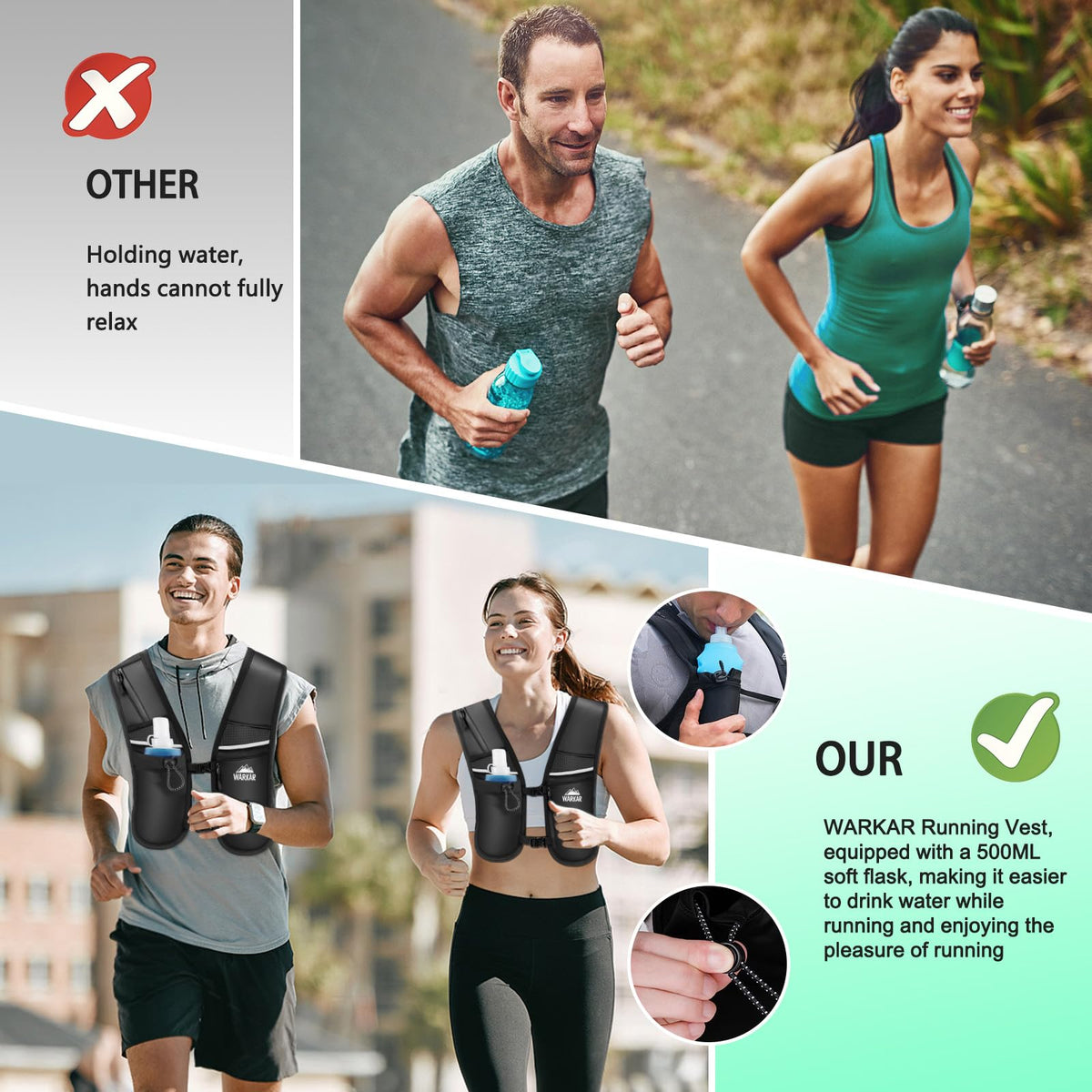 Running Vest, Hydration Backpack with 500ml Water Bladder Adjustable Chest Straps Reflective Strip Design Lightweight Breathable Great for Women Men Run/Hiking/Cycling/Climbing (Black, X-Small-Small)