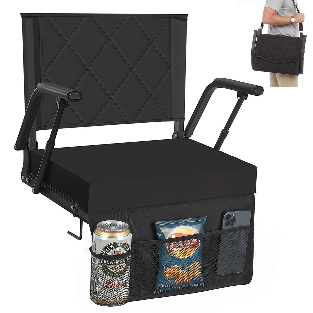Sheenive Stadium Seats for Bleachers with Back Support (1 Pack) - 2.8'' Thick Wide Cushion & Padded Armrests, Cup Holder, Pockets, Carry Strap for Sports Events