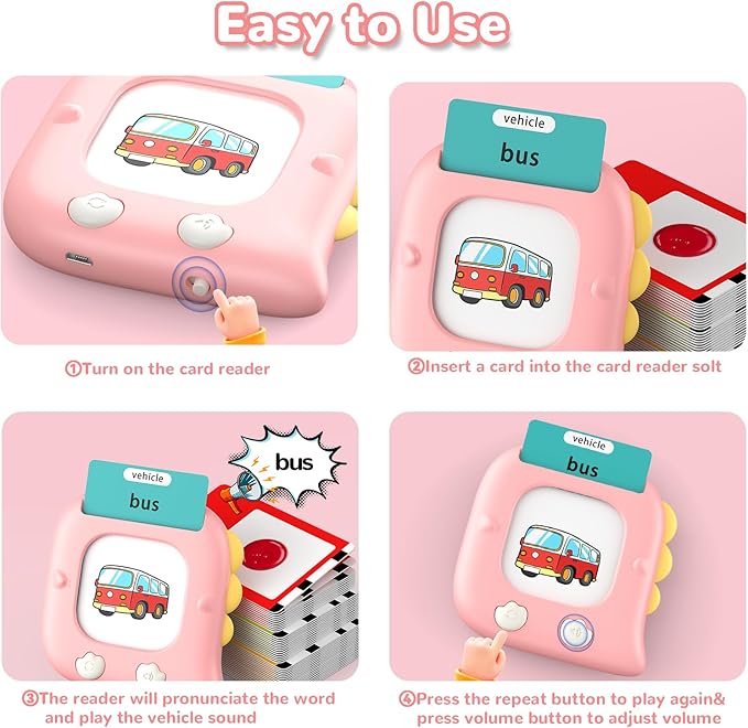 Kidzdo Dinosaur Talking Flash Cards for Toddlers 1 2 3 4 5 6 Years Old, 254 Words Pocket Speech Language Learning Toys, Great Easter Birthday Gift Ideas for Girls Ages 1-6, Pink