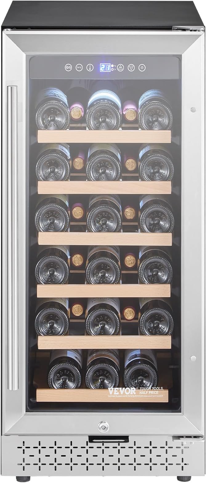 VEVOR YC-100A, 28, Mini Wine Refrigerator with Glass Door, Adjustable Shelves, Digital Temperature Control, Built-in & Freestanding Cooler Fridge for Home, Office, Bar, 32 Bottle, Sliver