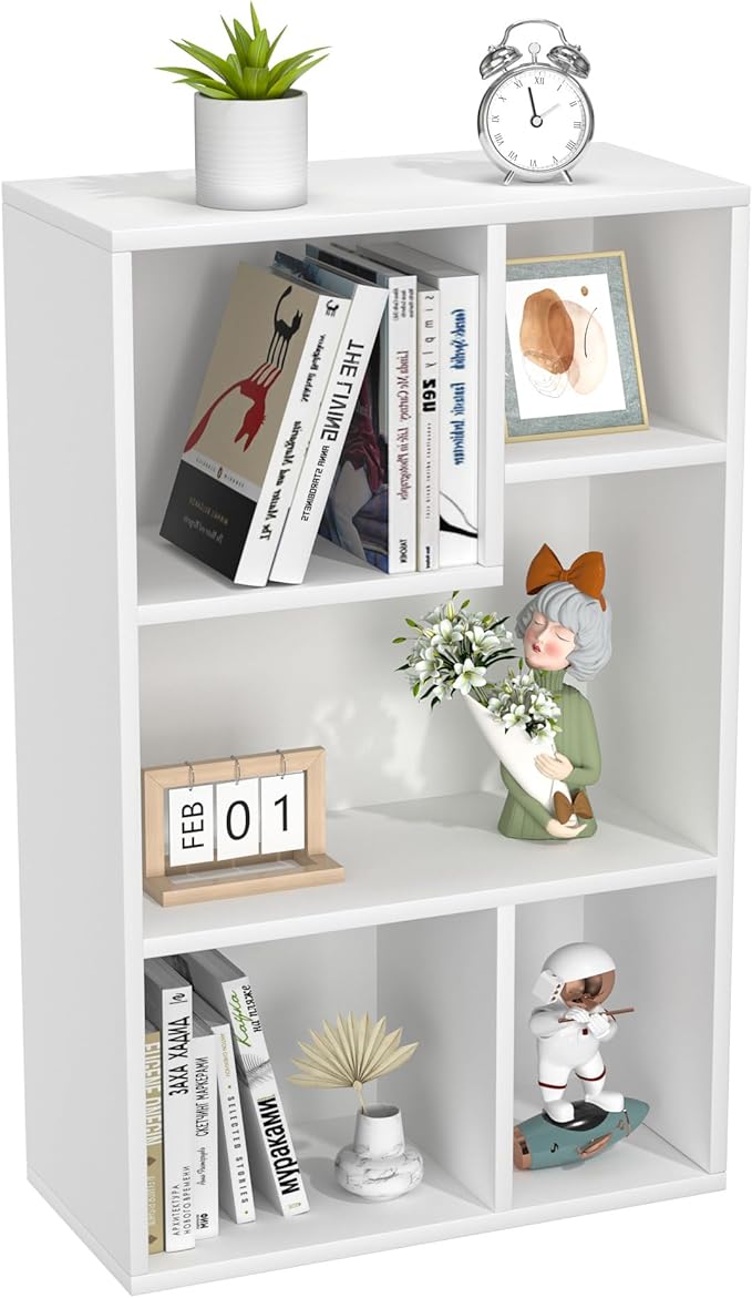 VECELO Small White Bookshelf, 5 Cube Shelf, Fits Tallest Hardcovers, Horizontal Available, Storage Organzier for Home Office,White