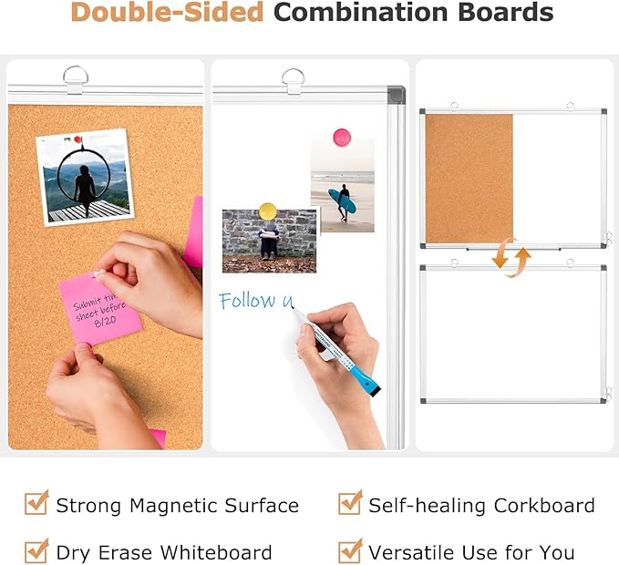 WALGLASS Combination Magnetic Whiteboard & Corkboard, 36"x24" Combo for School, Office & Home, Dry Erase Board with Removable Tray, Pins, Eraser, Markers & Magnets