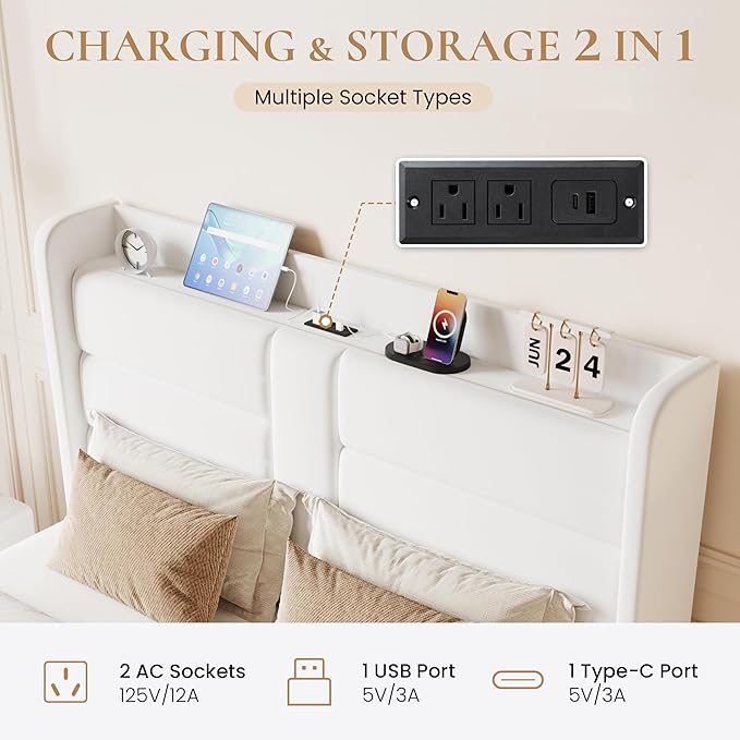 SHA CERLIN Queen Size Bed Frame with Charging Station & Storage Headboard, Velvet Platform Bed with Upholstered Modern Wingback Design, Wooden Slats Support, No Box Spring Needed, Easy Assembly, White