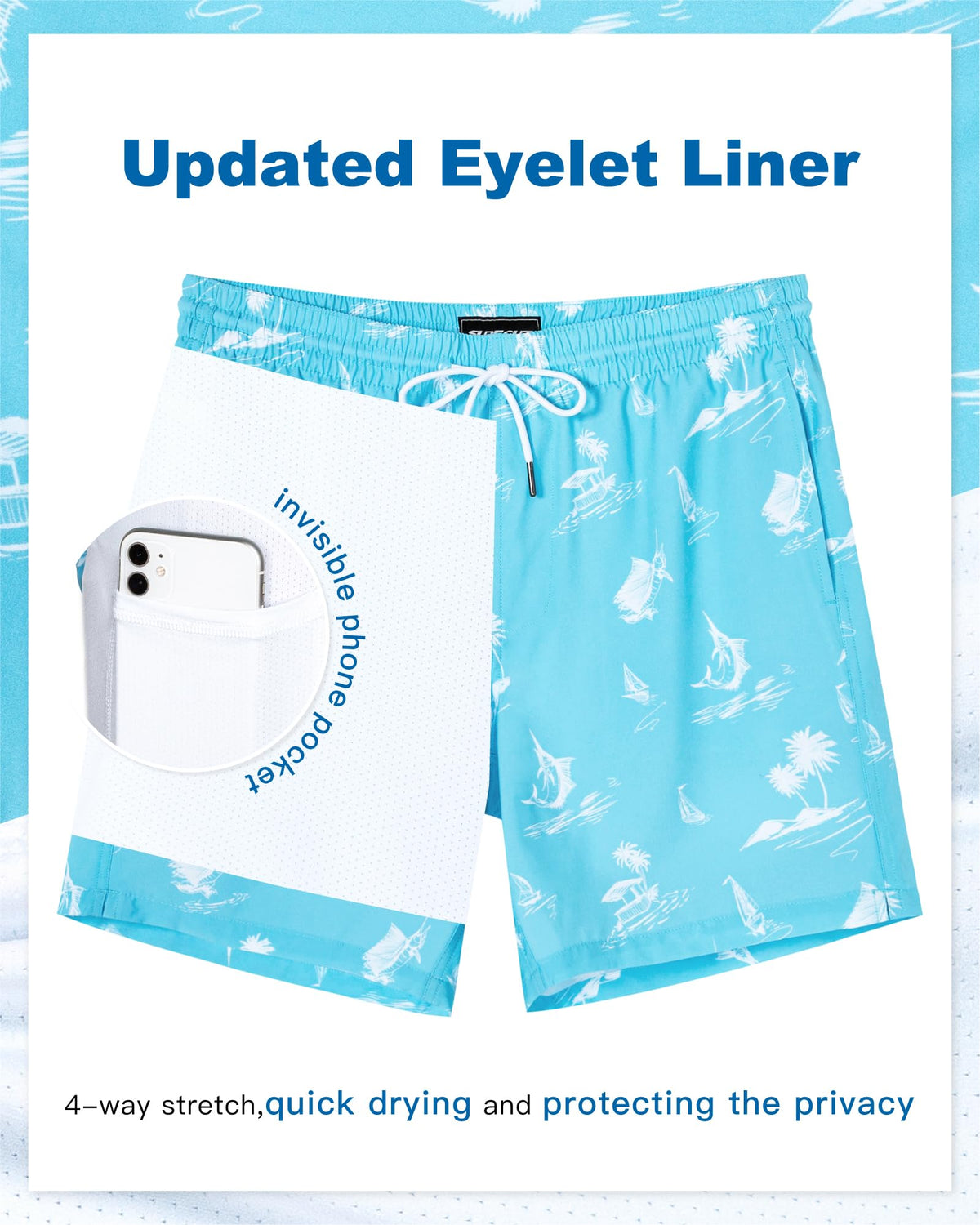 SURF CUZ Mens Swim Trunks with Compression Liner Quick Dry Swim Shorts 7" Swimming Trunks Stretch Bathing Suit 7 Inch,Marlin Leap,XS